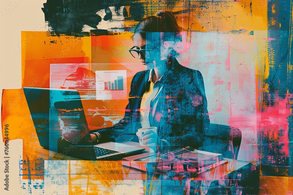 A businesswoman analyzes data on a laptop against a backdrop of vibrant abstract elements, depicting a blend of focused work and creative thinking. A businesswoman analyzes data on a laptop against a backdrop of vibrant abstract elements, depicting a blend of focused work and creative thinking.