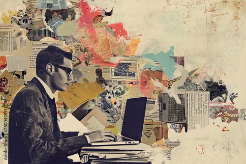 A creative collage blending a focused businessman with a chaotic background of mixed media, symbolizing the complex nature of modern business.