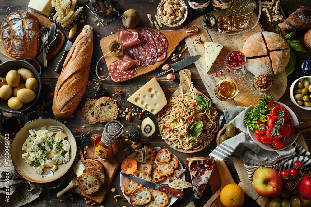 An assorted spread of French cuisine, featuring bread, cheese, pasta, and cured meats, invitingly presented in a rustic setting.