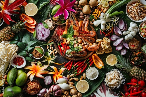 A vibrant array of Thai culinary delights, featuring fresh seafood, tropical fruits, and aromatic spices artfully arranged on lush greenery, inviting a sensory exploration of flavors.