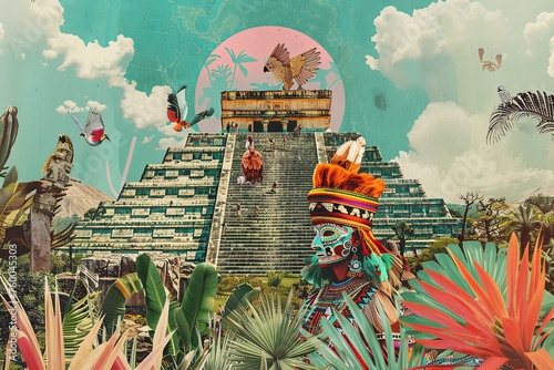 An immersive collage capturing the essence of Mayan heritage with the Chichen Itza pyramid amidst a burst of tropical birds and lush flora, under a warm sun.