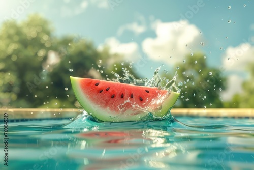  A 3D rendered watermelon slice dives into a pool creating a dynamic splash