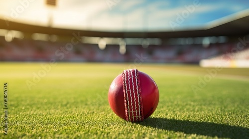 cricket leather ball resting on bat on the stadium pitch.