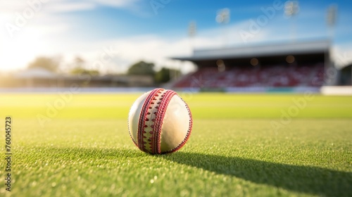 cricket leather ball resting on bat on the stadium pitch.