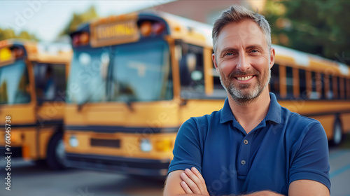 Caucasian male school bus driver is crossing his arms in confidence.