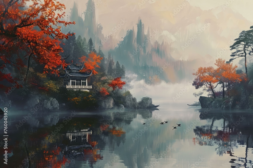 Fototapeta premium Sunset asian landscape. Forest tree beauty. Generate Ai