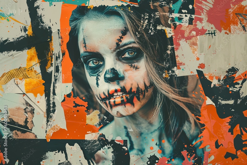 This artistic collage layers a vibrant grunge effect over a captivating zombie subject, offering a unique take on Halloween imagery.