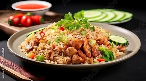 Fried Rice with Pork decorate with carved Cucumber ,spring onions and Tomato slice. Thai Food Easy Meal GoodTasty popular street food Asian Fusion style sideview.