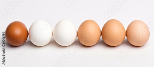 A row of ovalshaped brown and white eggs are displayed on a white surface, resembling a natural and elegant display of ingredients for cuisine