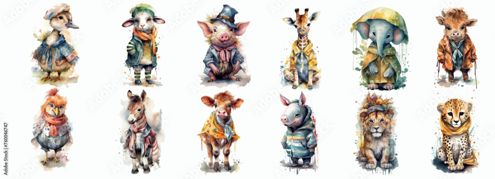 Whimsical Watercolor Collection of Animals Dressed in Stylish, Vintage Clothing, Showcasing a Variety of Species