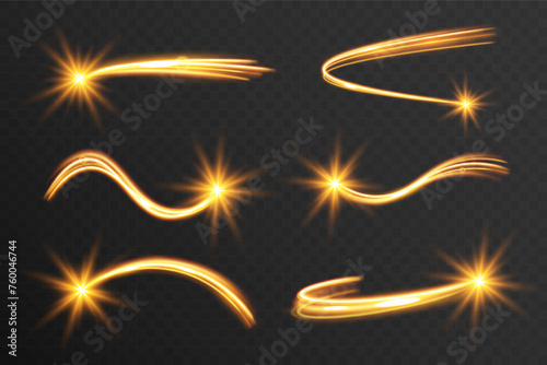 Light wave of shiny gold lines.Gold color glowing design element.Wavy bright stripes.	
