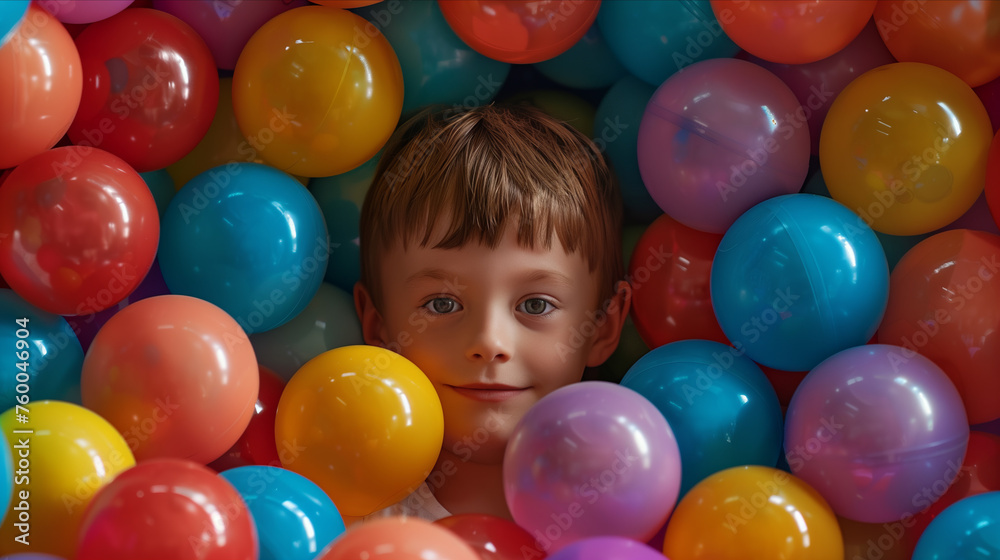 Obraz premium Caucasian boy in a pile of colorful plastic balls.