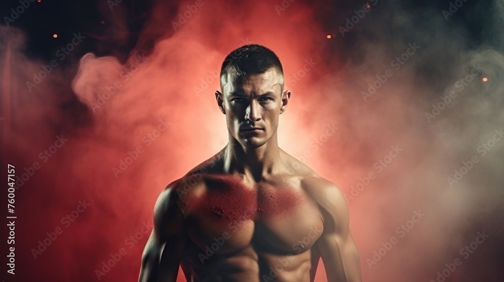 Kickboxer with a belt on his shoulder poses against a background of smoke. Sports competitions. Fight night. The concept of mixed martial arts.


