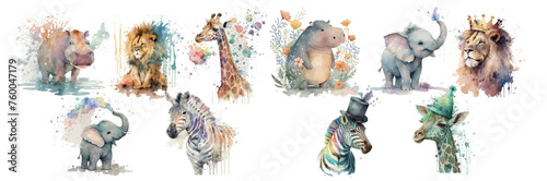 Whimsical Watercolor Collection of Animals Adorned with Accessories; A Creative and Artistic Illustration for Various