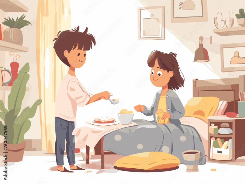 A child diligently prepares breakfast in bed for their mother wanting to start her day with a special gesture. A child diligently prepares breakfast in bed for their mother wanting to start her day with a special gesture.