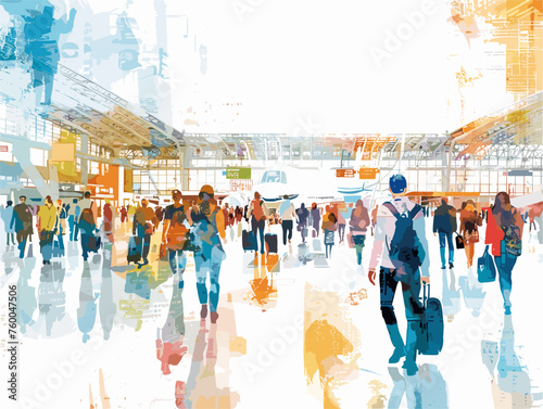  A bustling airport terminal welcomes travelers from around the world their diverse languages and dress styles creating a vibrant tapestry of humanity. 