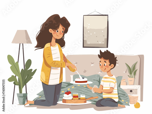  A child diligently prepares breakfast in bed for their mother wanting to start her day with a special gesture. 