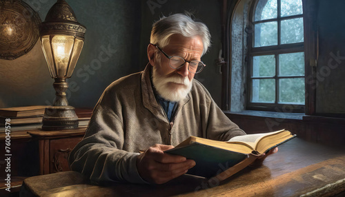 older man sitting at an old table reading photo