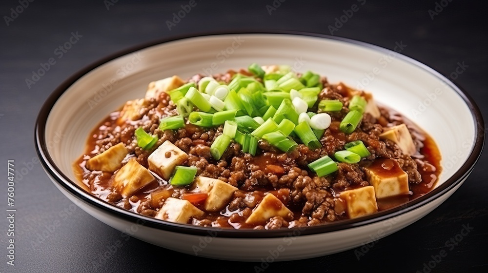 Mapo Tofu Stir with Ground Beef Spicy Sauce Korean Food Style topped with Spring Onions decorate with carved Leek and vegetable sideview.
Mapo Tofu Stir with Ground Beef Spicy Sauce Korean Food Style topped with Spring Onions decorate with carved Leek and vegetable sideview.