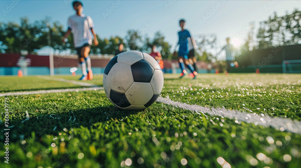 Fototapeta premium close up of soccer ball on soccer field.