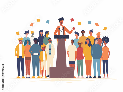  A community leader stands on a podium addressing a crowd and encouraging them to register to vote in the upcoming election. 