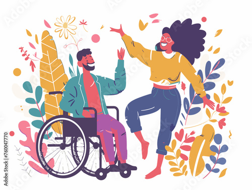  A couple one in a wheelchair and the other using sign language enjoys a dance at a Pride event showcasing the inclusion of diverse abilities. 