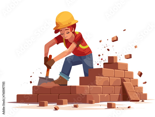  A construction worker meticulously lays bricks sweat dripping from their brow as they contribute to a building's foundation. 