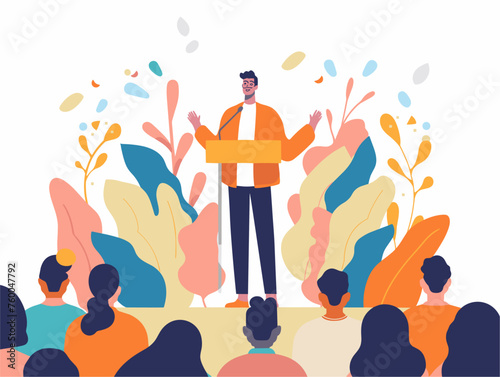  A community leader stands on a podium addressing a crowd and encouraging them to register to vote in the upcoming election. 