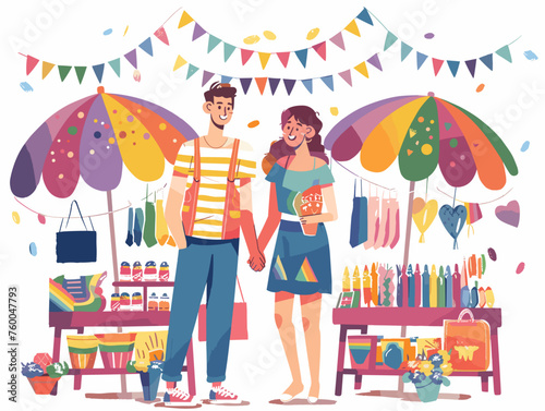  A couple holding hands and proudly wearing rainbow accessories strolls through a market filled with handcrafted pride-themed merchandise. 