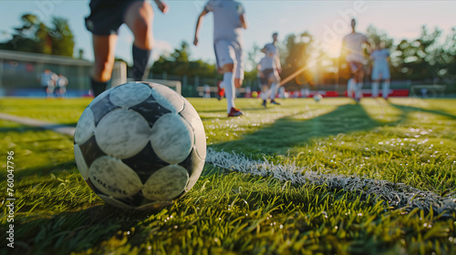 close up of soccer ball on soccer field.