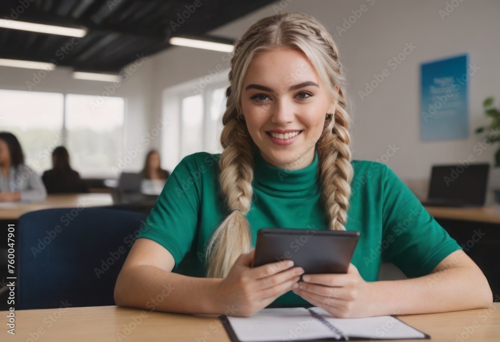 Blonde woman with braids using a tablet, smiling brightly. Casual and modern atmosphere. Blonde woman with braids using a tablet, smiling brightly. Casual and modern atmosphere.