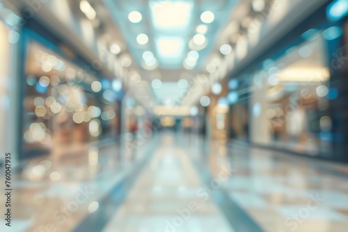 Abstract blur shopping mall corridor. Blurred retail and hall interior in department store. Defocused bokeh effect background or backdrop for business concept.