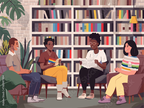  A diverse group gathers in a bookstore for a reading by an LGBTQ+ author celebrating the power of representation in literature. 