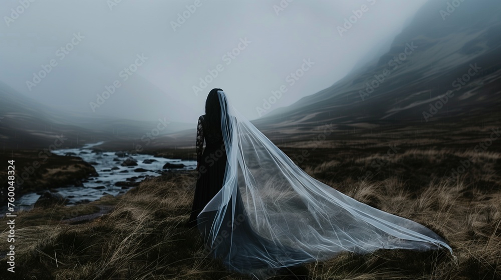 Gothic Elegance: Woman in Black Wedding Dress Amidst Foggy Scottish Highlands Gothic Elegance: Woman in Black Wedding Dress Amidst Foggy Scottish Highlands