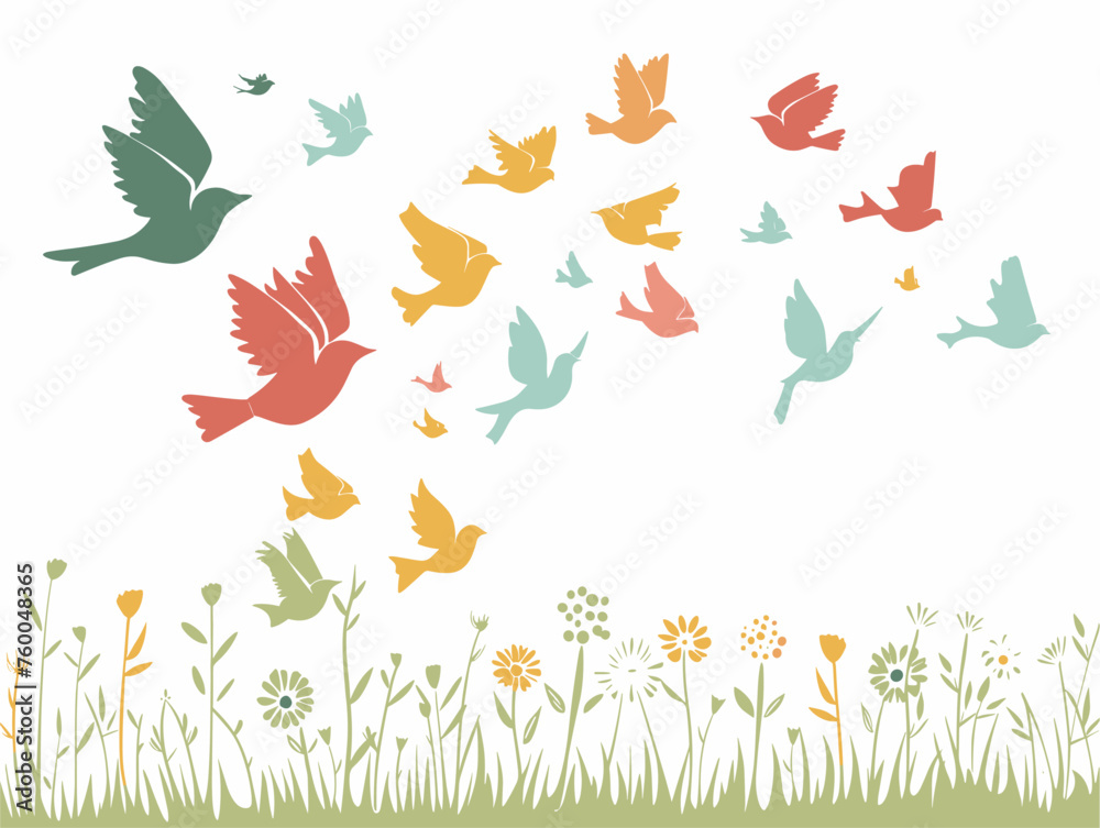  A flock of birds soars overhead their melodious chirps celebrating the return of warmth.  - obrazy, fototapety, plakaty 