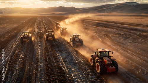 A convoy of tractors traversing rugged terrain, highlighting the resilience of farmers in challenging environments.