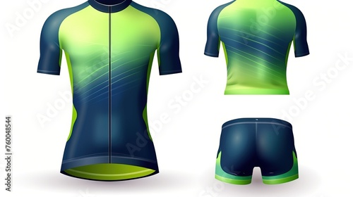 Realistic vector cycling uniform template. Blue and green. Branding mockup. Bike or Bicycle clothing and equipment. Special kit - short sleeve jersey, gloves and sunglasses. Front view.


 photo