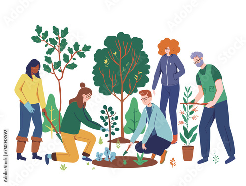  A group of volunteers from diverse age groups plant trees in a park working together to create a more inclusive and sustainable environment. 