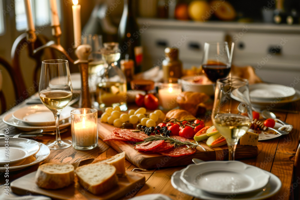 A rustic dinner table is set intimately with candlelight, wine, and an array of gourmet foods, inviting a warm, homely atmosphere.