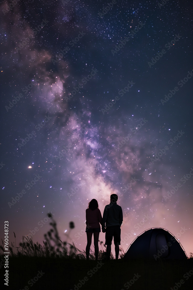Fototapeta premium Silhouette of a couple with their arms around each other at a tent site looking at the stars.