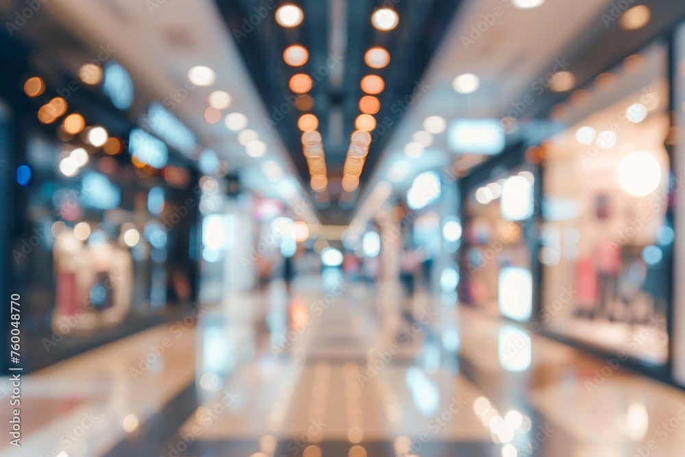 Abstract blur shopping mall corridor. Blurred retail and hall interior in department store. Defocused bokeh effect background or backdrop for business concept.