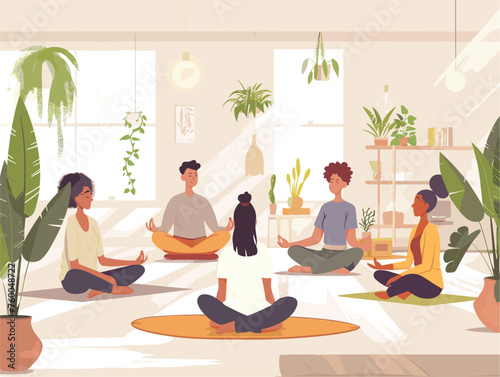  A group participates in a yoga class in a calming studio focusing on mindful movements and deep breaths to promote mental well-being. 