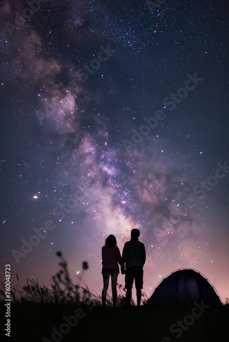Silhouette of a couple with their arms around each other at a tent site looking at the stars.