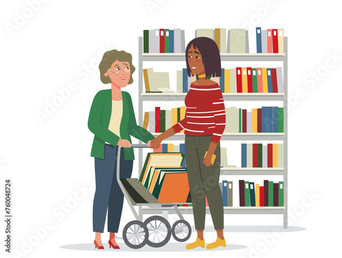  A librarian assists a visually impaired visitor guiding them to braille books and other accessible resources. 