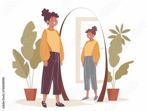  A person smiles in the mirror practicing self-affirmation and positive self-talk to boost their mental well-being. 