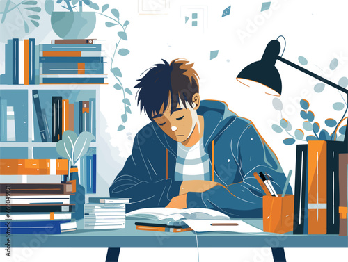  A student hunches over a desk late into the night surrounded by books and papers fueled by the pursuit of knowledge. 