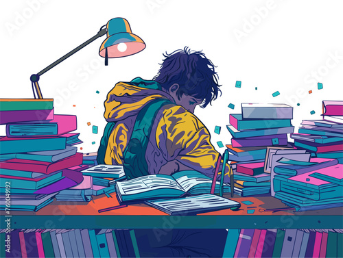  A student hunches over a desk late into the night surrounded by books and papers fueled by the pursuit of knowledge. 
