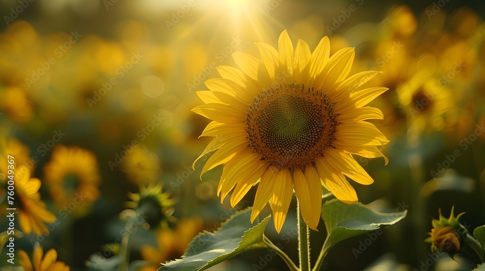 Fototapeta premium A Sunflower's Close-Up Amidst a Sunflower Field.