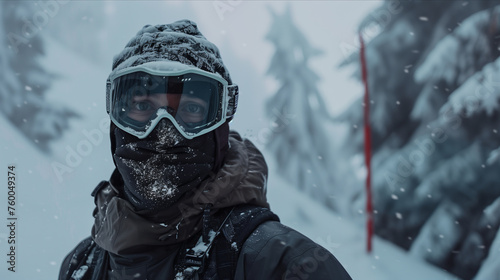 A man wearing winter clothes is climbing a snowy mountain.