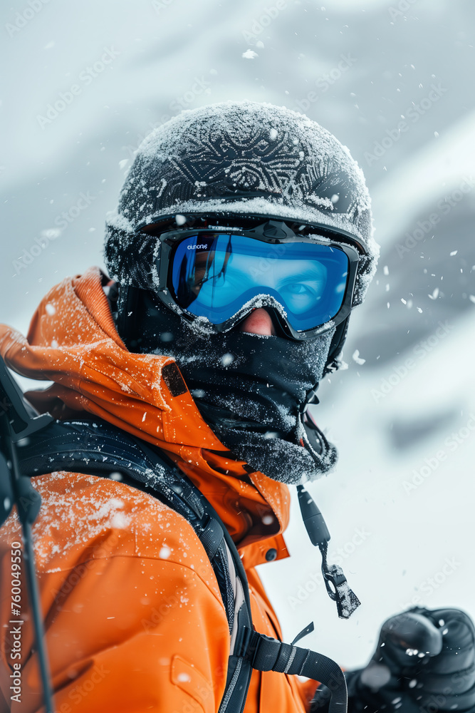 A man wearing winter clothes is climbing a snowy mountain. A man wearing winter clothes is climbing a snowy mountain.